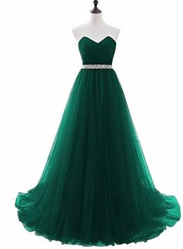 Picture of Simple Green Beaded Waist Tulle A-line Floor Length Party Dresses, Green Formal Dresses